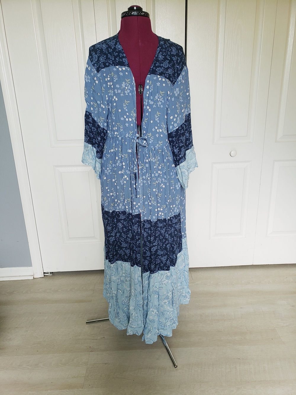 Boho Patchwork Maxi Duster in Light and Navy Blue (Like New) SizeL/XL